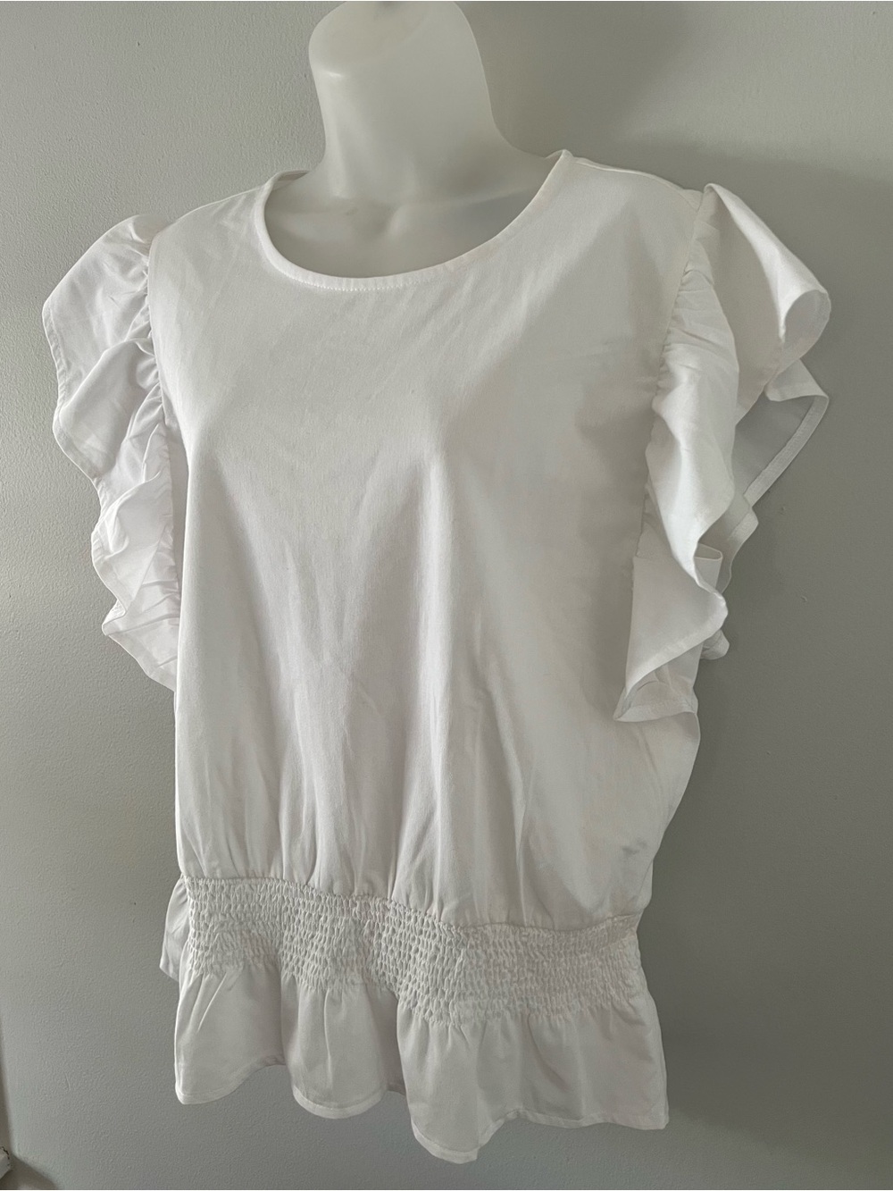 Ann Taylor White Ruffle Sleeve Smocked Peplum Top